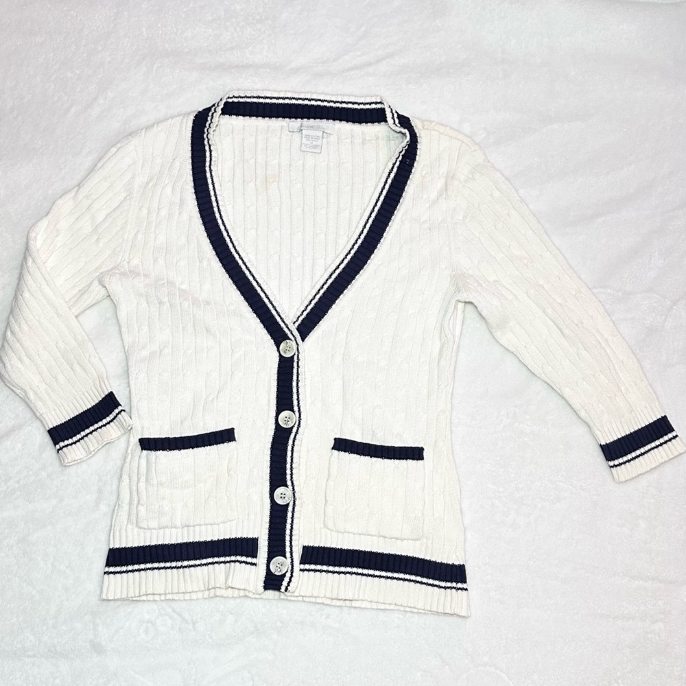 Charlotte Russe White and Navy Cable Knit Cardigan Preppy Sweater - Size M